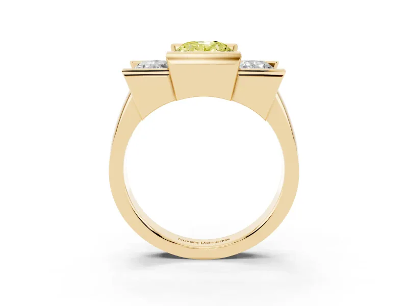 Fancy Yellow Oval Cut Diamond Three-Stone Channel Set Ring Set in Yellow gold with Smooth Polished Band