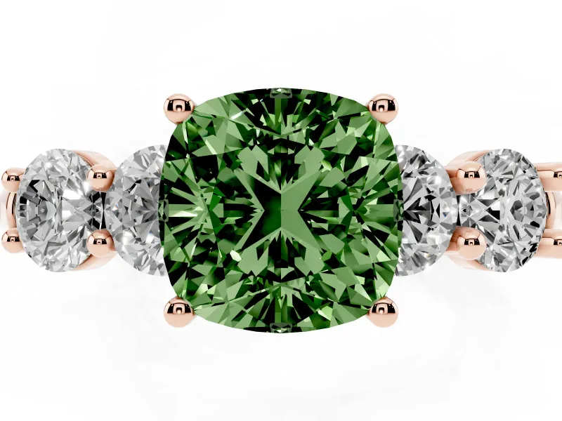 Cushion Cut Five Stone Engagement Ring Setting for a Fancy Green Lab-Grown Diamond | Prong Set Side Stones | Rose Gold