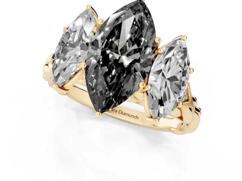 Fancy Black Marquise Cut Diamond Three-Stone Ring Set in Yellow gold with Braided Band