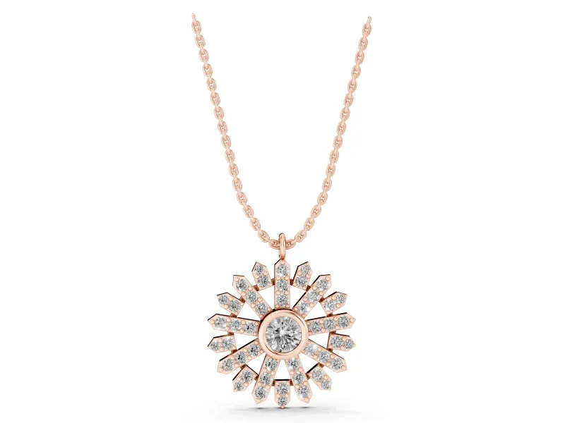 Round Lab-Grown Diamond Bezel Snowflake Pendant Necklace | Pavé Arms | Rose Gold