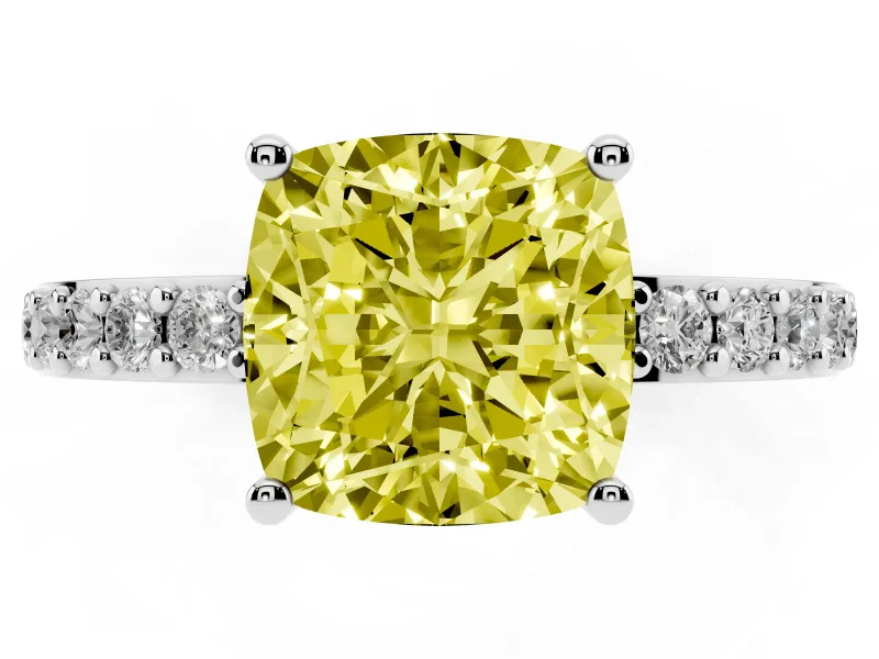 Fancy Yellow Cushion Cut Diamond Solitaire Set in White gold with Round Pavé Band and Prong Setting