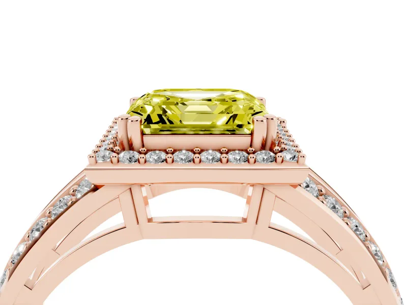 Asscher Cut Halo Engagement Ring Setting for a Fancy Yellow Lab-Grown Diamond | Two-Row Pave Split Shank | Rose Gold