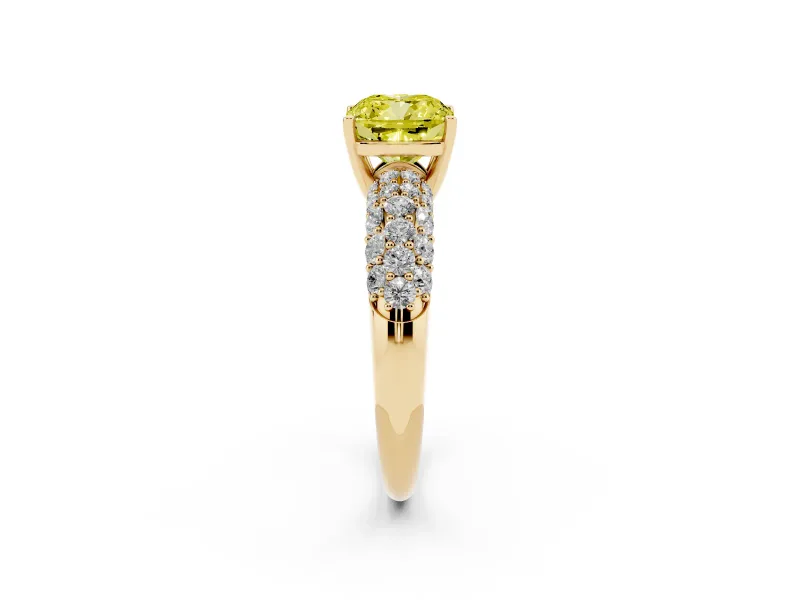 Cushion Cut Close Set Pave Engagement Ring Setting for a Fancy Yellow Lab-Grown Diamond | Multi Row | Yellow Gold