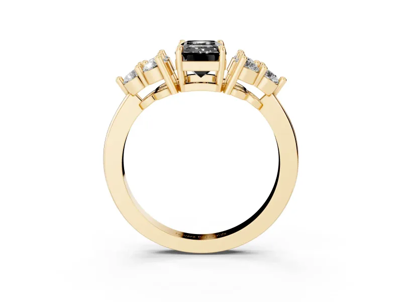 Fancy Black Emerald Cut Diamond Solitaire Ring Set in Yellow gold with Cluster Accents on Each Side