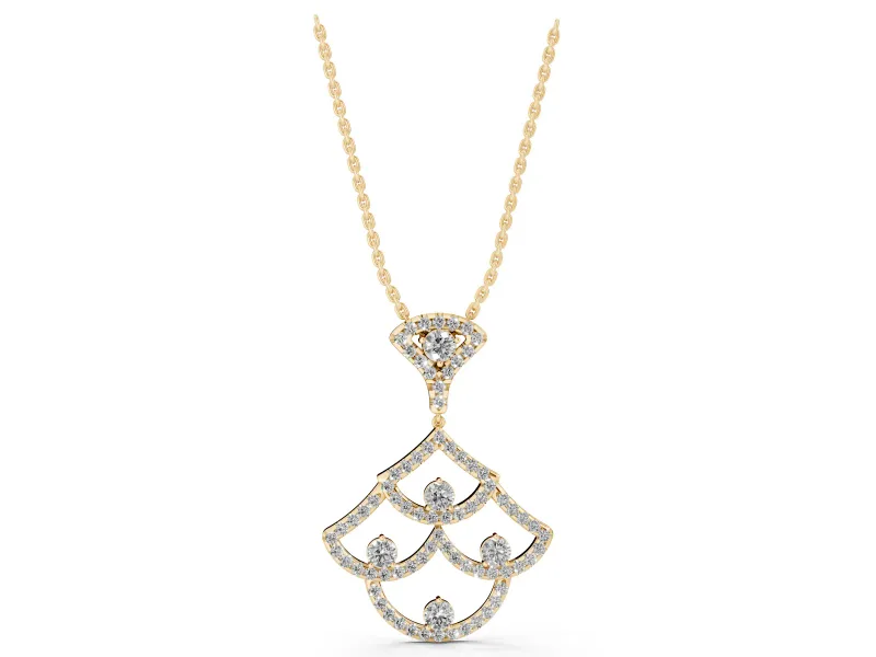 Round Lab-Grown Diamond Pavé Openwork Fan Pendant Necklace | Scalloped Arches | Yellow Gold