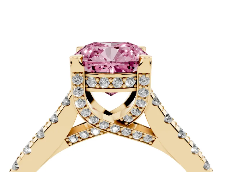 Cushion Cut Hidden Halo Pave Engagement Ring Setting for a Fancy Pink Lab-Grown Diamond | Claw Prongs | Yellow Gold