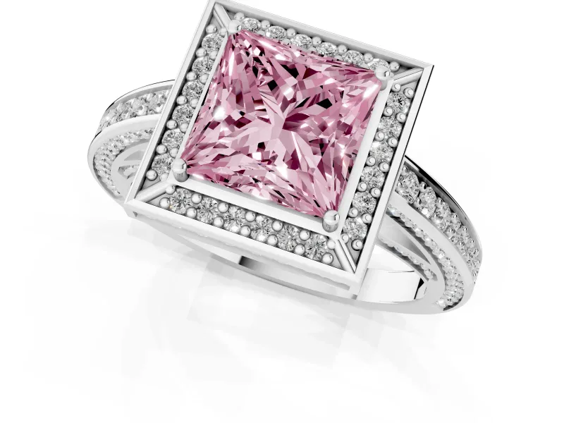 Fancy Pink Princess Cut Diamond Halo Pavé Split Shank Ring Set in White gold with Prong Setting