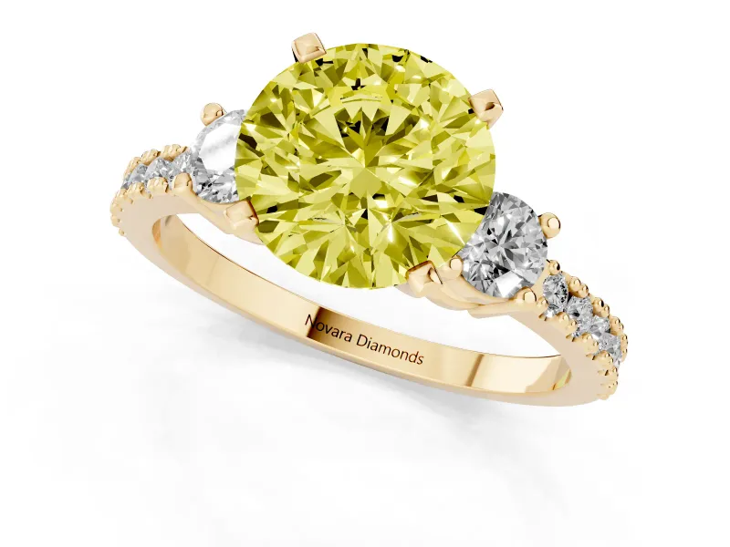 Fancy Yellow Three-Stone Round Cut Diamond Pavé Band Ring Set in Yellow gold with Prong Setting