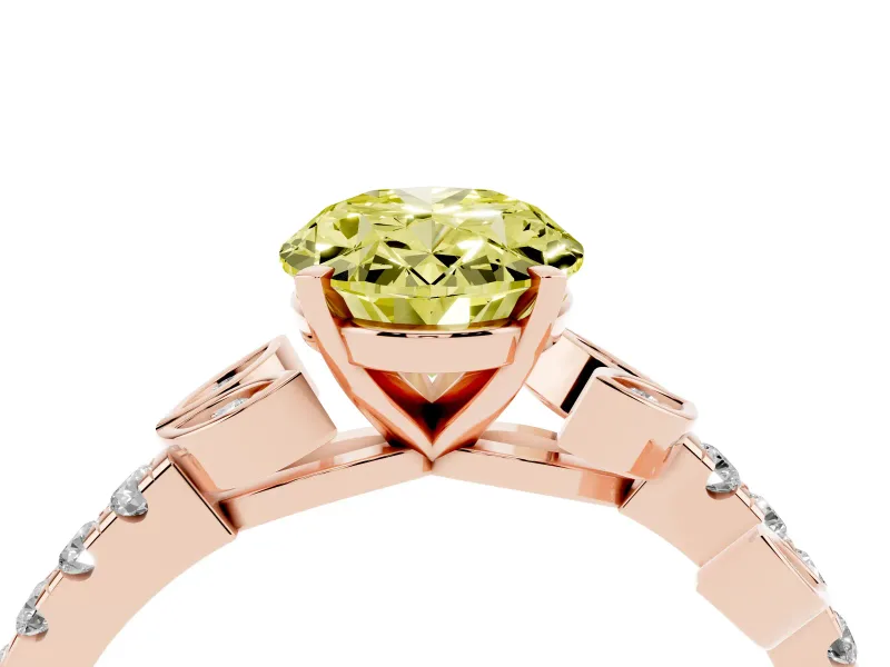 Fancy Yellow Oval Cut Diamond Solitaire Leaf-Inspired Ring Set in Rose gold with Pavé Band and Prong Setting