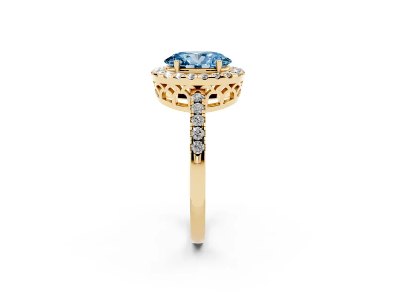 Fancy Blue Oval Cut Diamond Pavé Band Halo Engagement Ring Set in Yellow gold with Prong Setting