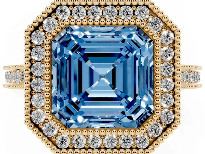 Fancy Blue Asscher Cut Diamond Halo Ring Set in Yellow gold with Pavé Band and Milgrain-Edged Prongs
