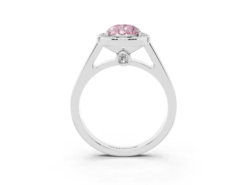 Fancy Pink Pear Cut Diamond Halo Solitaire Ring Set in White gold with Pavé Band and Bezel Setting