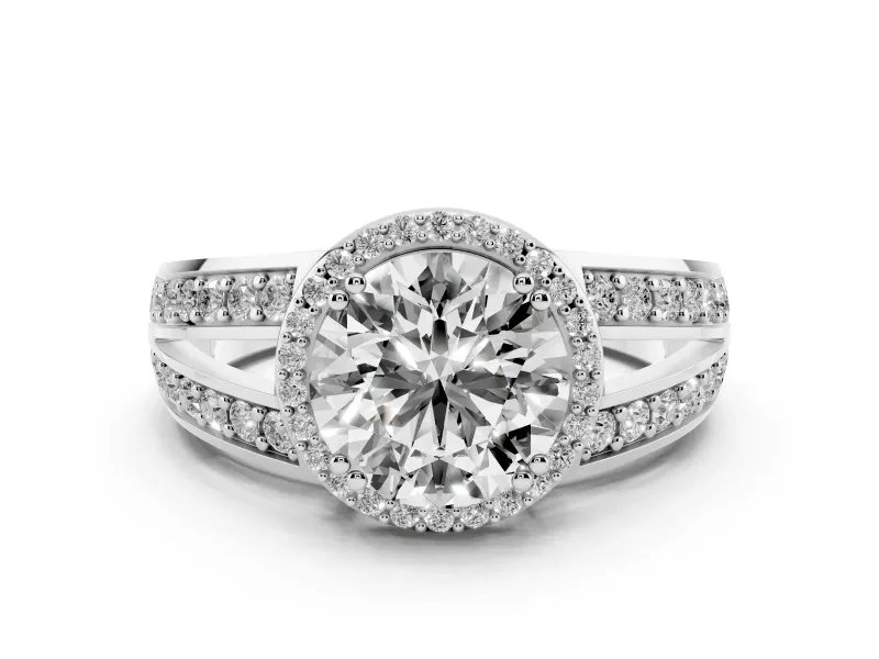 Round Cut Diamond Halo Ring Set in White gold with Double Pavé Split Shank