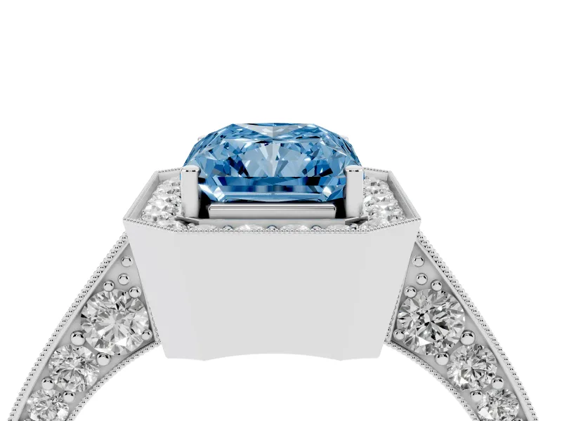 Radiant Cut Milgrain Halo Engagement Ring Setting for a Fancy Blue Lab-Grown Diamond | Side Stones | Platinum