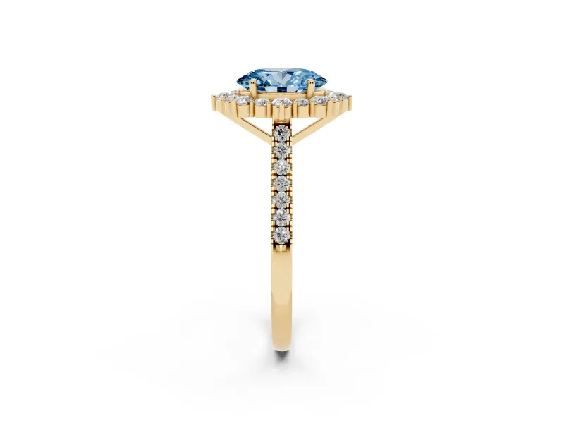 Oval Scalloped Halo Engagement Ring Setting for a Fancy Blue Lab-Grown Diamond | Single Row Pave | Yellow Gold