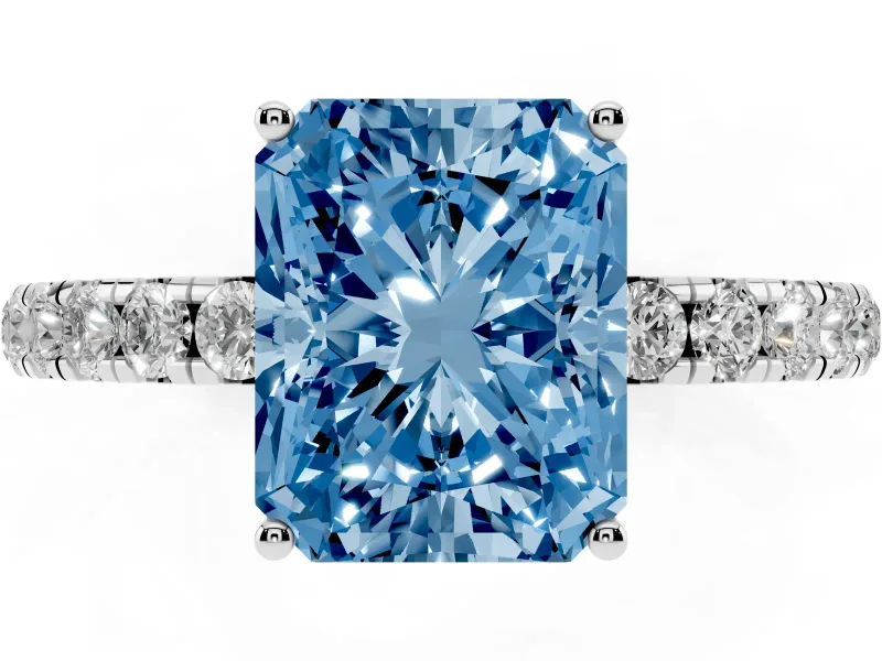 Radiant Cut Pave Solitaire Engagement Ring Setting for a Fancy Blue Lab-Grown Diamond | Shared Prong Band | White Gold