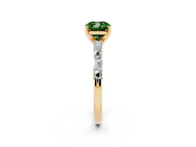 Cushion Cut Baguette Side Stone Engagement Ring Setting for a Fancy Green Lab-Grown Diamond | Yellow Gold