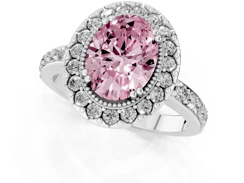 Fancy Pink Oval Cut Diamond Halo Ring Set in Platinum with Pavé Shank and Prong Setting