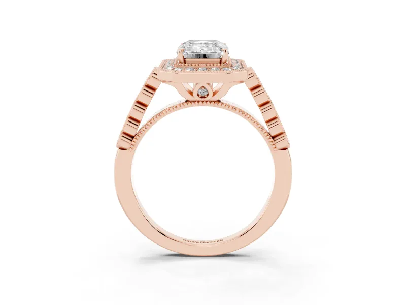 Emerald Cut Milgrain Halo Engagement Ring Setting | Graduated Bezel Accents | Rose Gold