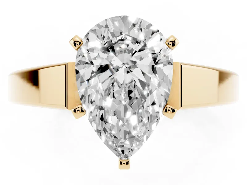 Pear Cut Diamond Solitaire Engagement Ring Set in Yellow gold with Prong Setting and Tapered Band