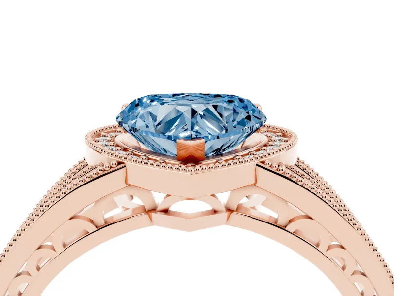 Fancy Blue Heart Cut Diamond Halo Ring Set in Rose gold with Accent Split Shank and Prong Setting