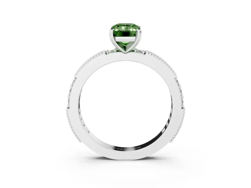 Fancy Green Emerald Cut Diamond Solitaire Ring Set in White gold with Slim Pavé Band and Prong Setting
