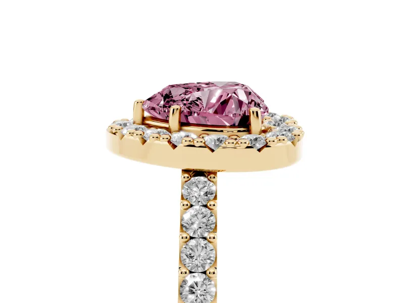 Fancy Pink Heart Cut Diamond Halo Pavé Solitaire Ring Set in Yellow gold with Prong-Set Center Stone