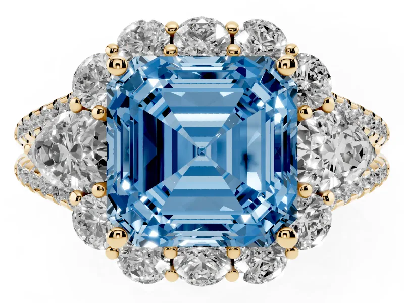 Asscher Cut Scalloped Halo Engagement Ring Setting for a Fancy Blue Lab-Grown Diamond | Pear Side Stones | Yellow Gold