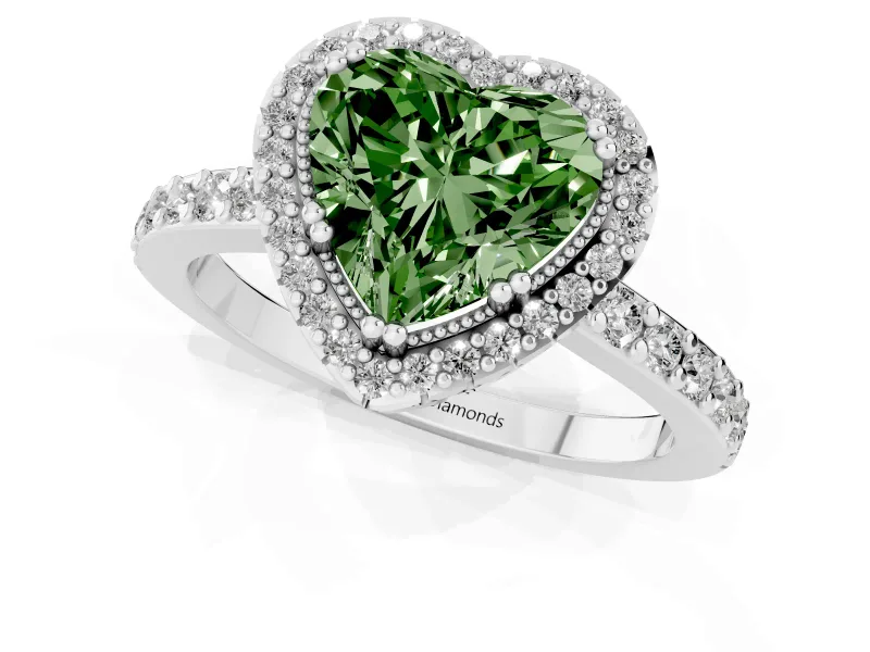 Fancy Green Heart Cut Diamond Halo Engagement Ring Set in White gold with Milgrain Detail and Pavé Band