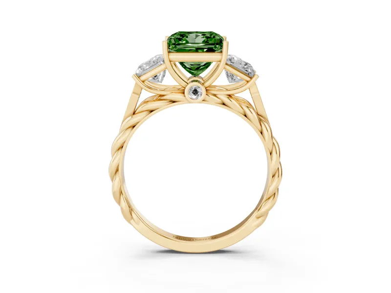 Fancy Green Princess Cut Diamond Three-Stone Ring Set in Yellow gold with Braided Band