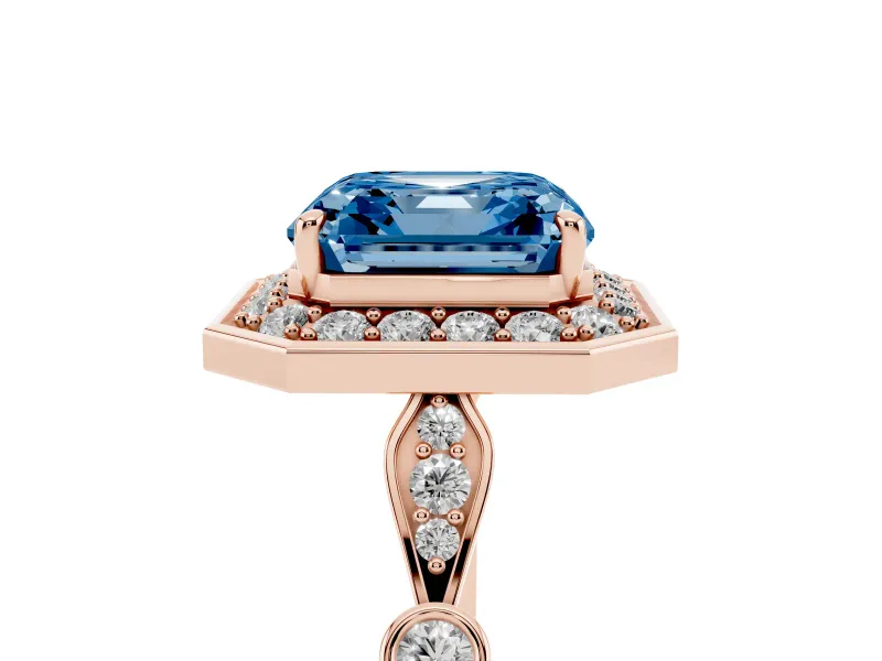 Asscher Cut Halo Engagement Ring Setting for a Fancy Blue Lab-Grown Diamond | Bezel Station Shoulders | Rose Gold