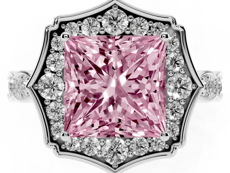 Princess Cut Vintage Scalloped Halo Engagement Ring Setting for a Fancy Pink Lab-Grown Diamond | Pave Band | White Gold
