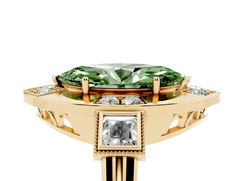 Marquise Milgrain Sectioned Halo Engagement Ring Setting for a Fancy Green Lab-Grown Diamond | Yellow Gold