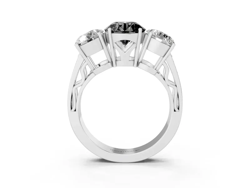 Round Three Stone Engagement Ring Setting for a Black Center | Beaded Shoulders | Platinum