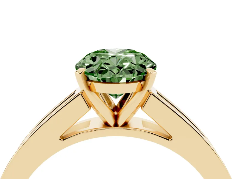 Fancy Green Oval Cut Diamond Solitaire Ring Set in Yellow gold with Channel-Set Band and Prong Setting
