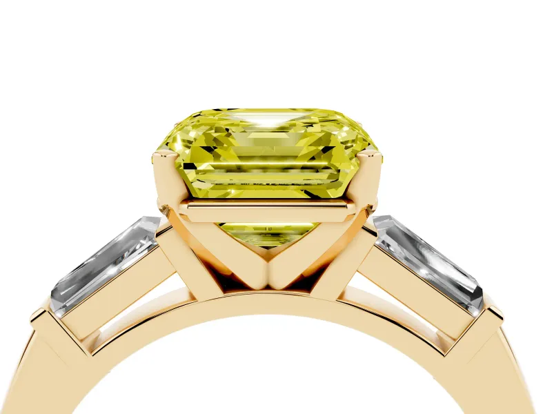 Fancy Yellow Asscher Cut Diamond Solitaire Ring Set in Yellow gold with Tapered Baguette Side Stones and Prong Setting