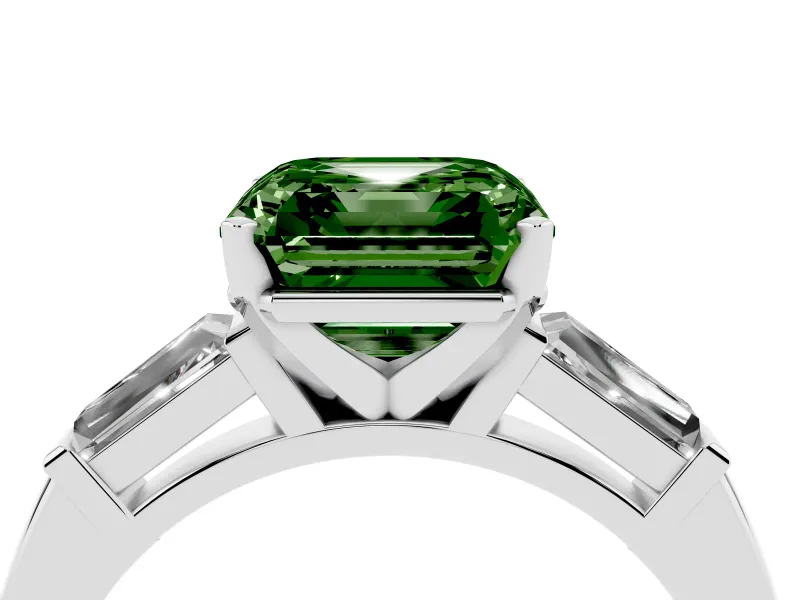Fancy Green Asscher Cut Diamond Solitaire Ring Set in Platinum with Tapered Baguette Side Stones and Prong Setting