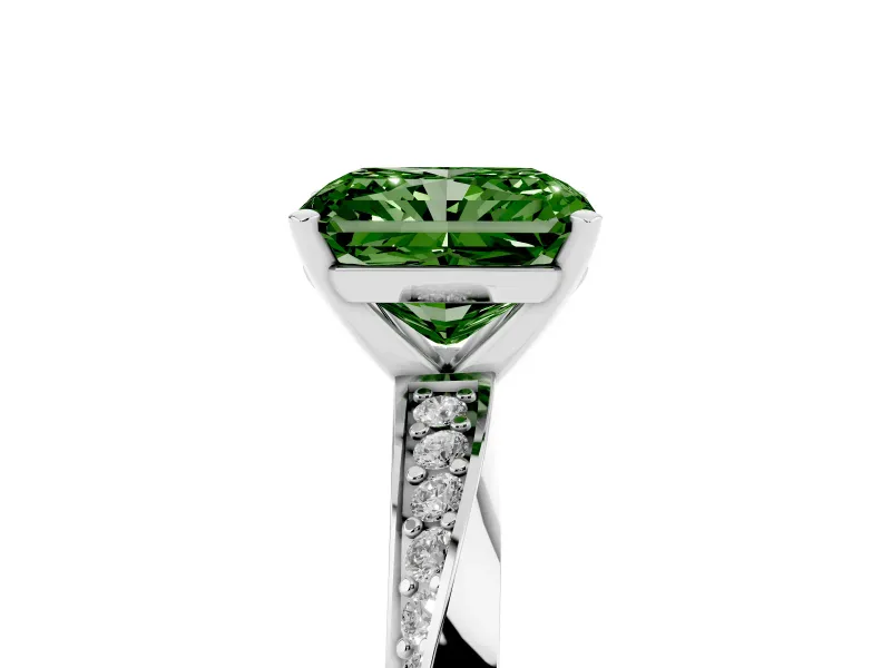 Fancy Green Radiant Cut Diamond Engagement Ring Set in Silver with Side Stone Accents and Prong Setting