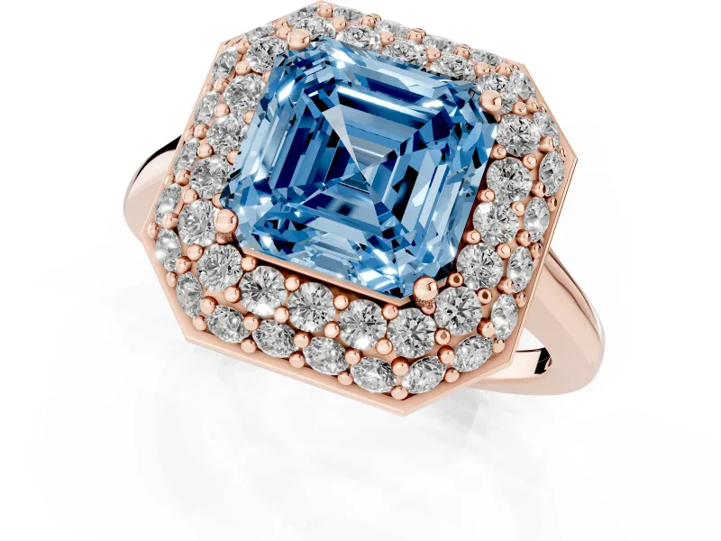 Fancy Blue Asscher Cut Diamond Halo Engagement Ring Set in Rose gold with Solitaire Band and Prong Setting