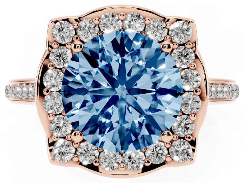 Round Halo Engagement Ring Setting for a Fancy Blue Lab-Grown Diamond | Petal Tips | Rose Gold