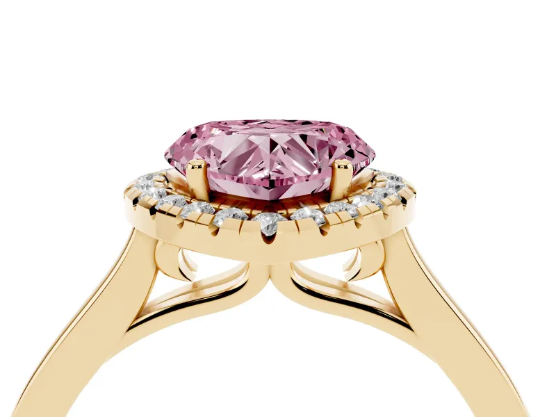 Fancy Pink Heart Cut Halo Round Diamond Solitaire Ring Set in Yellow gold with Pavé Band and Prong Setting