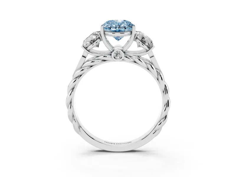 Fancy Blue Oval Cut Diamond Three-Stone Ring Set in White gold with Braided Band