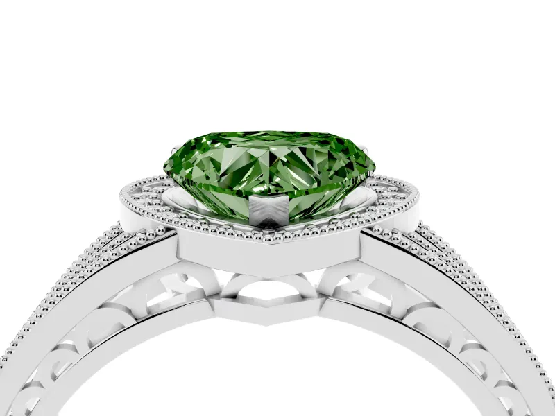 Fancy Green Heart Cut Diamond Halo Ring Set in Silver with Accent Split Shank and Prong Setting