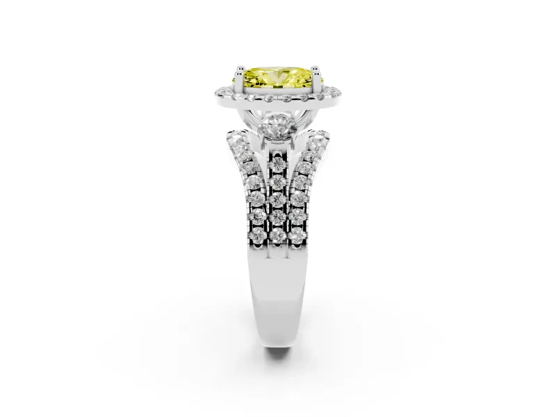 Oval Halo Split Shank Engagement Ring Setting for a Fancy Yellow Lab-Grown Diamond | Round Side Stones | Sterling Silver
