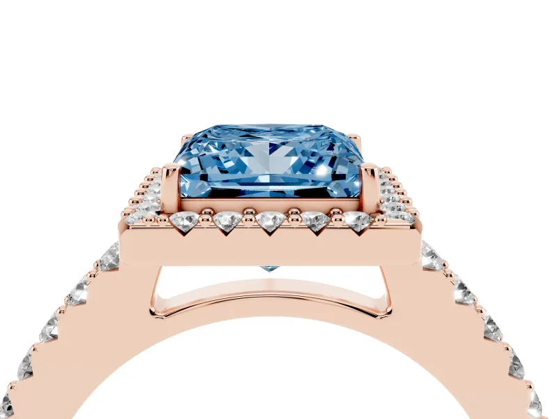 Fancy Blue Princess Cut Diamond Halo Pavé Solitaire Ring Set in Rose gold with Prong-Set Center Stone