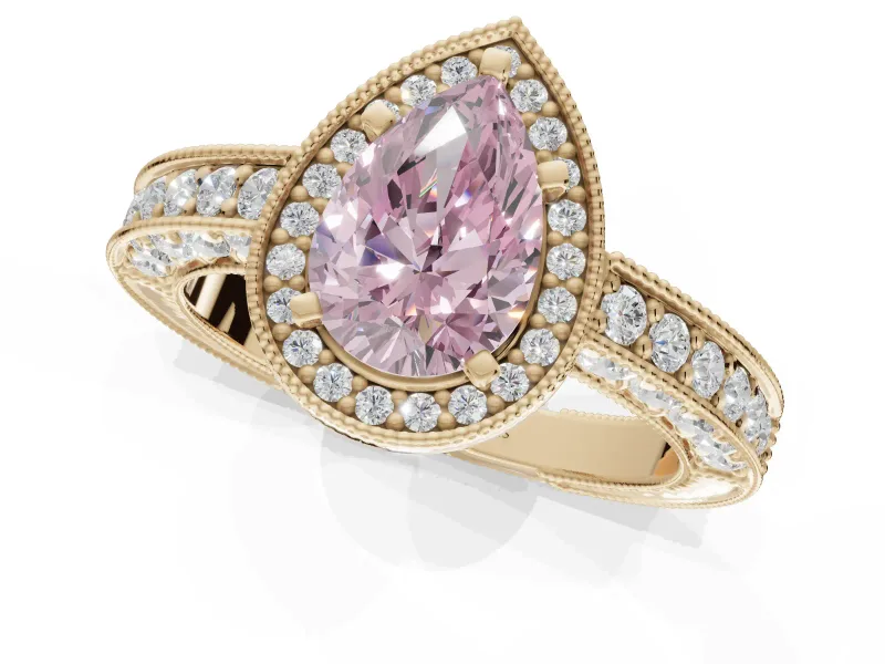 Pear-Shaped Milgrain Halo Engagement Ring Setting for a Fancy Pink Lab-Grown Diamond | Wide Pavé Band | Yellow Gold