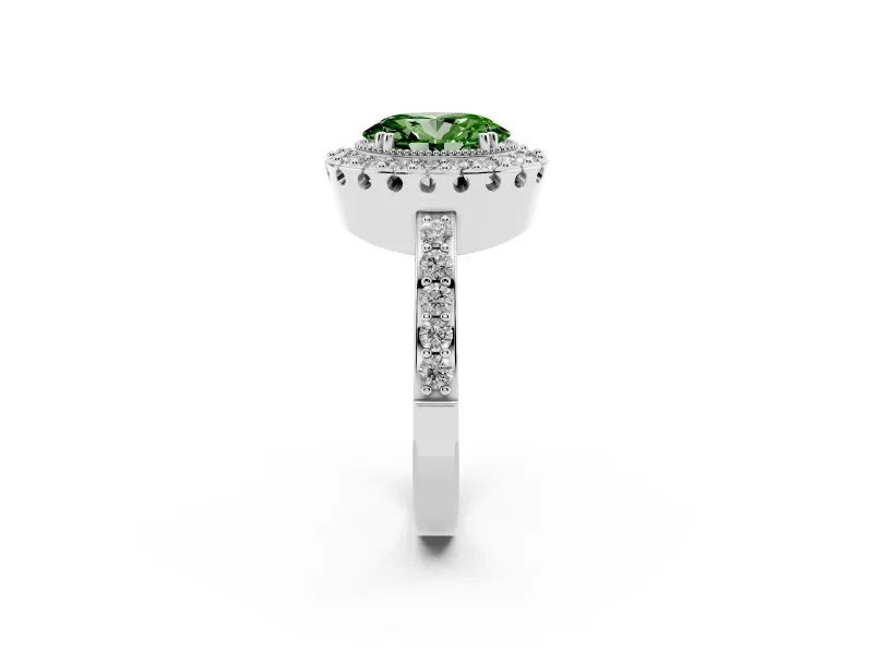 Oval Milgrain Halo Engagement Ring Setting for a Fancy Green Lab-Grown Diamond | Pavé Shoulders | Sterling Silver
