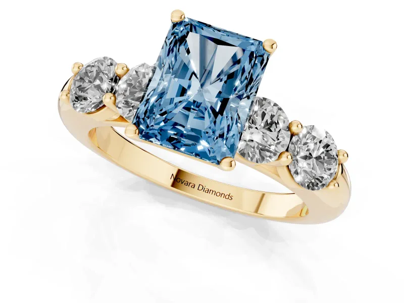 Radiant Cut Five Stone Engagement Ring Setting for a Fancy Blue Lab-Grown Diamond | Prong Set Side Stones | Yellow Gold