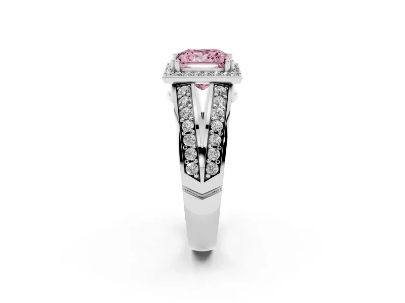 Princess Cut Halo Engagement Ring Setting for a Fancy Pink Lab-Grown Diamond | Two-Row Pave Split Shank | White Gold