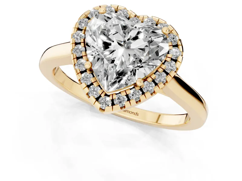 Heart Cut Halo Round Diamond Solitaire Ring Set in Yellow gold with Pavé Band and Prong Setting